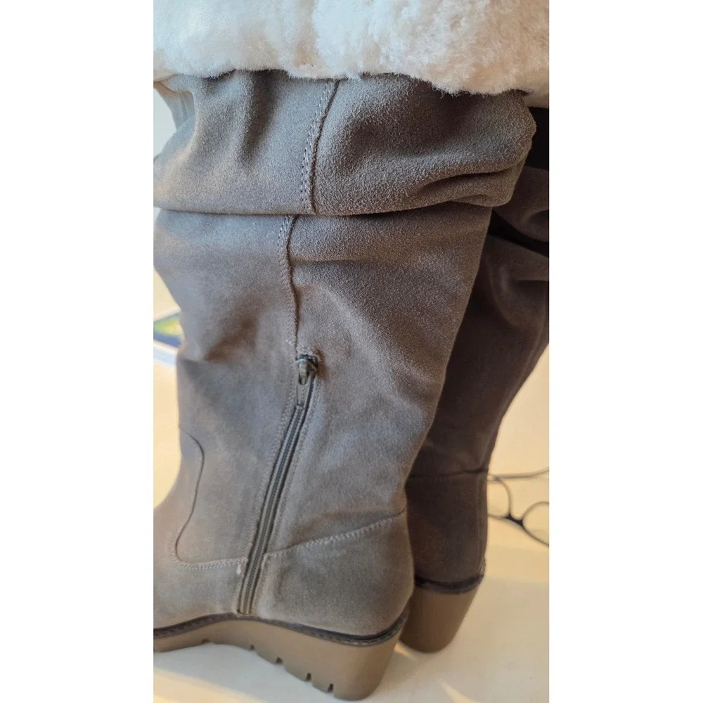 Vintage Foundry Co  Grey Leather Real Fur Trim Wedge Slouch Boots womens‎ 9 Boho